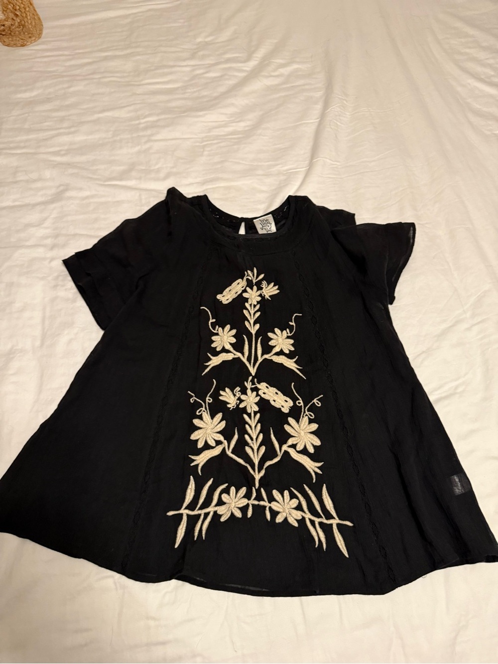 ivy jane Black Top with Cream Floral Embroidery
